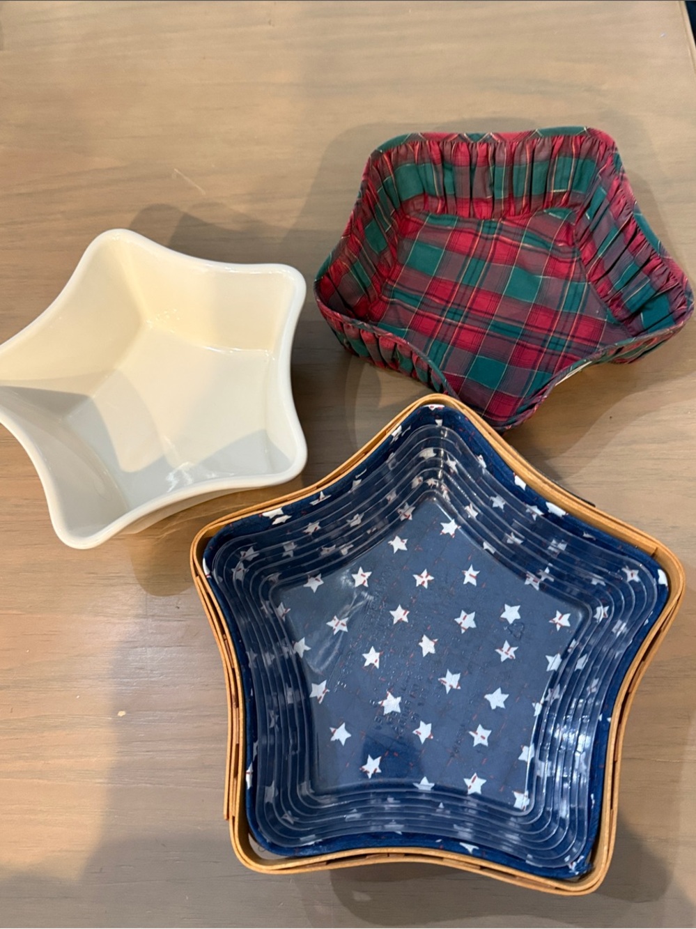 Longaberger Basket, 2 liners, protector, ceramic star bowl